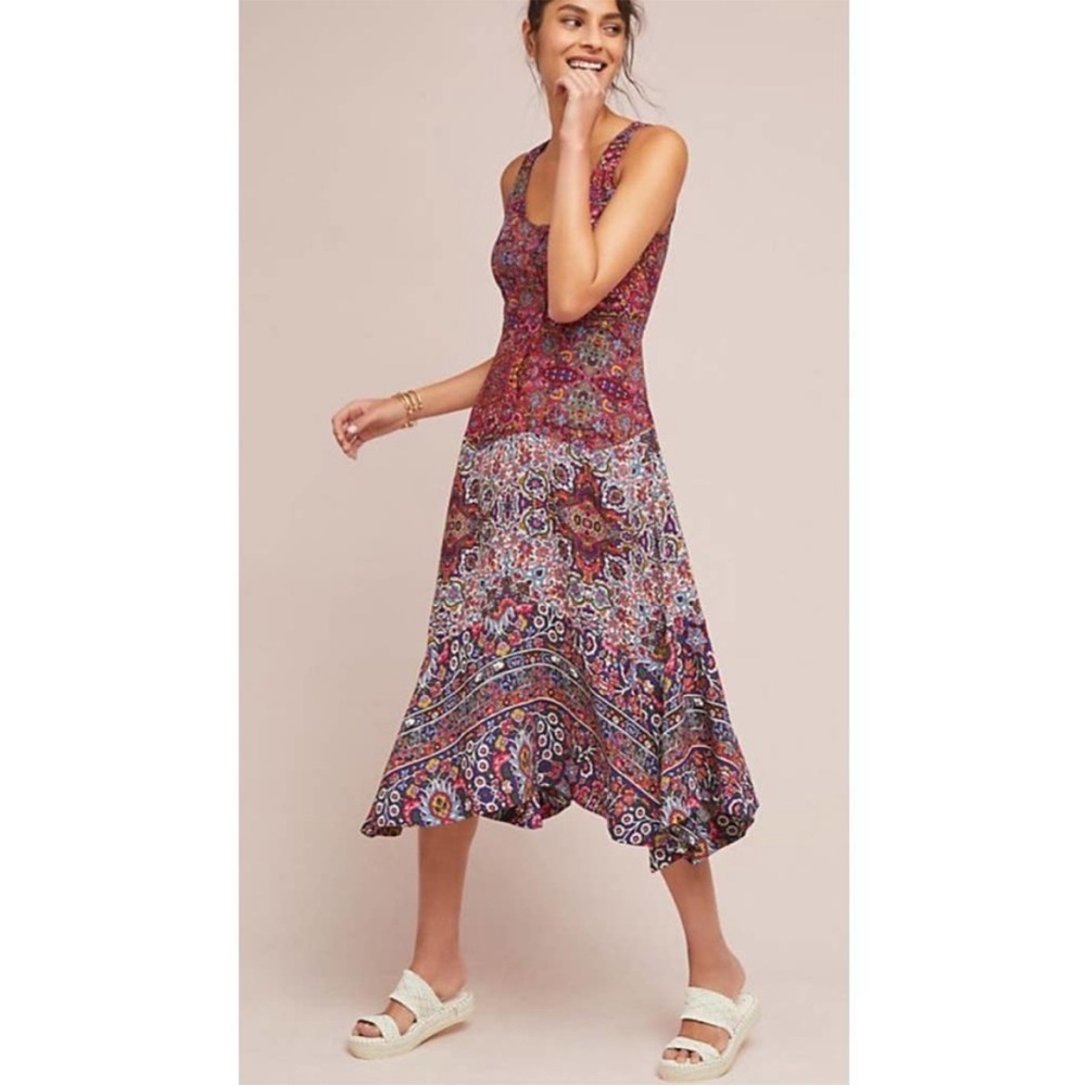 Anthropologie Red Pink Tiered Midi Sundress